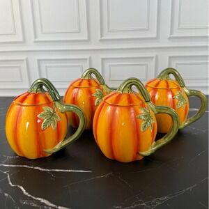 Set of 4 Mesa International Lidded Ceramic Glazed Pumpkin Mugs 6" Tall